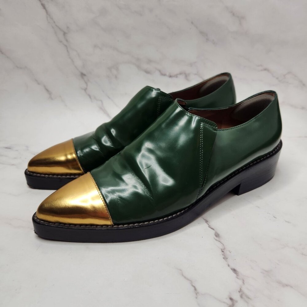 Marni Green Leather Flats with Gold Accents